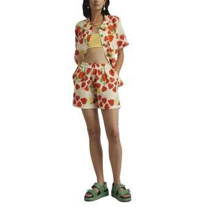 NEW HELMSTEDT strawberry-print linen-blend shorts in beige